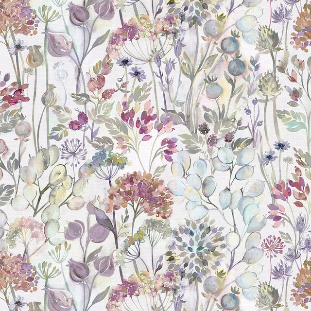 Painterly botanical fabric with lilac stems, pastel leaves and pale blossom on a light ground