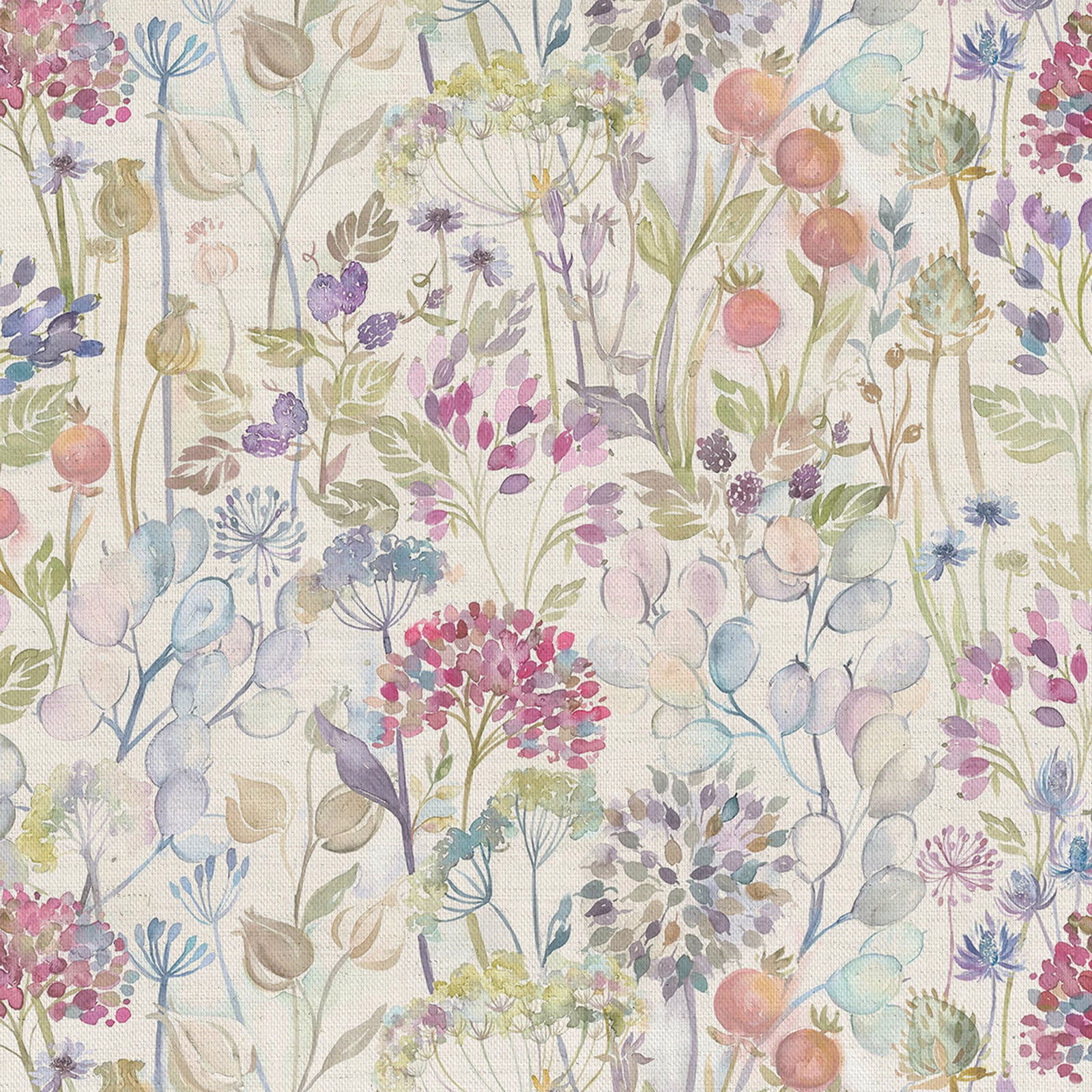 Painterly pastel floral fabric on an ivory ground with soft berries and meadow stems