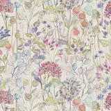 Painterly pastel floral fabric on an ivory ground with soft berries and meadow stems