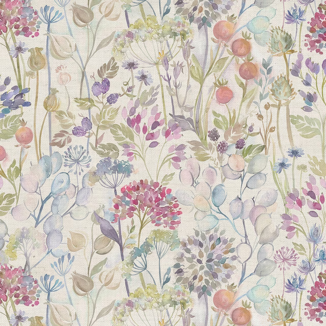 Painterly pastel floral fabric on an ivory ground with soft berries and meadow stems