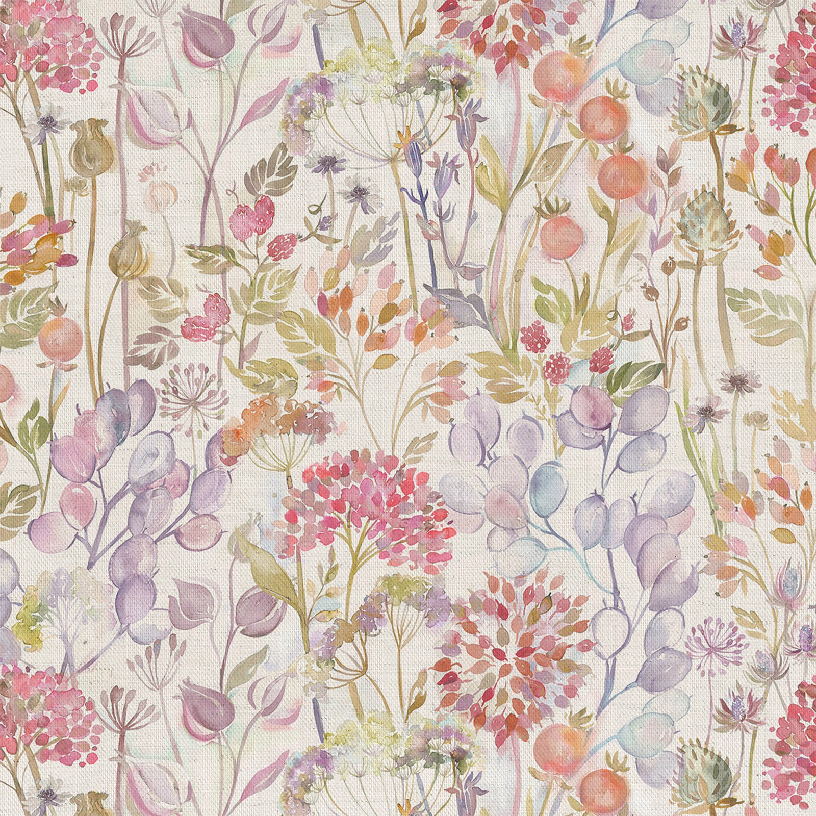 Painterly botanical fabric in soft apricot orange with lilac, pink and green stems