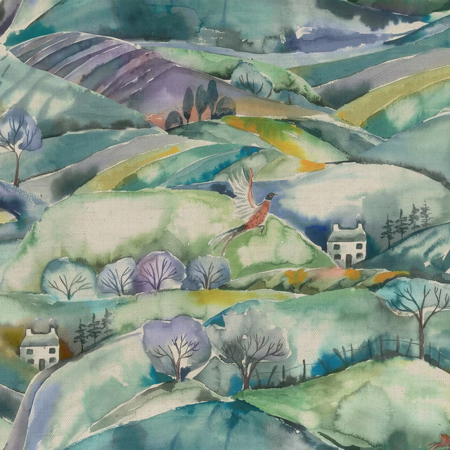 Painterly blue-green rolling hills fabric with tiny houses and trees