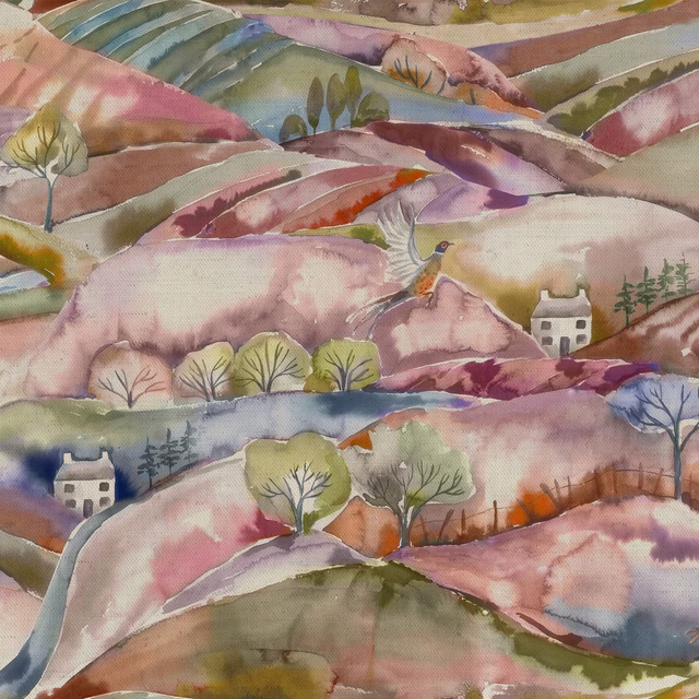 Painterly pink landscape fabric with hills, trees, cottages and birds