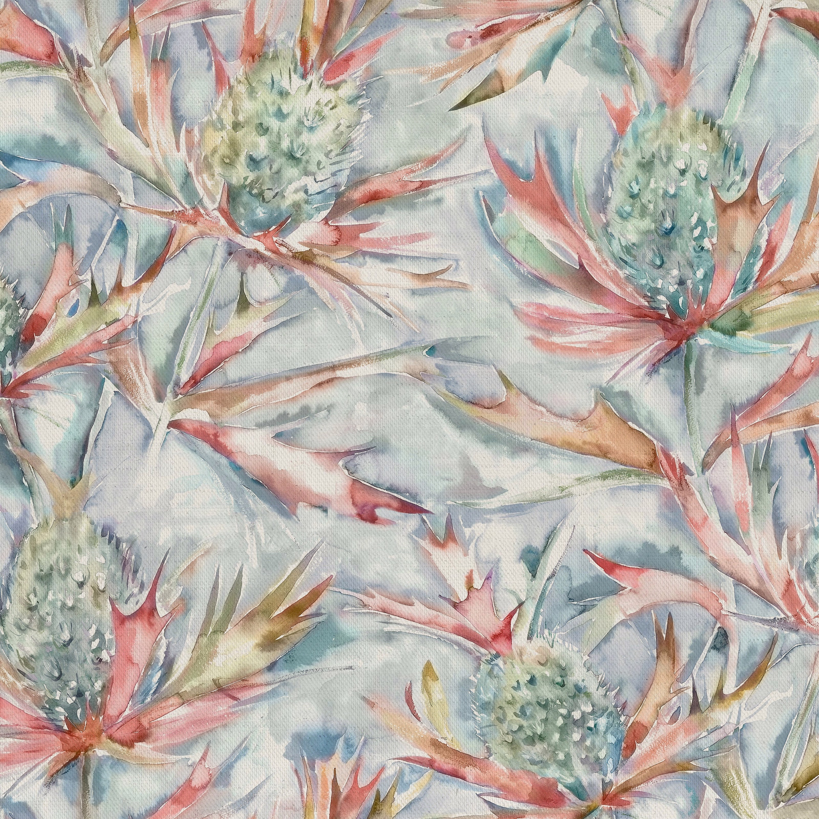 Painterly floral fabric with soft coral-orange blooms on a pale ground