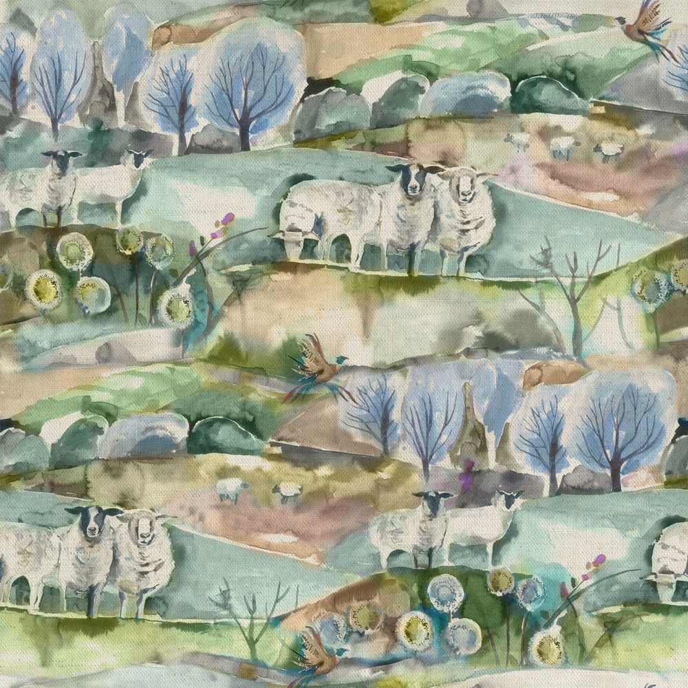Painterly sage green pastoral fabric with sheep, trees and rolling hills