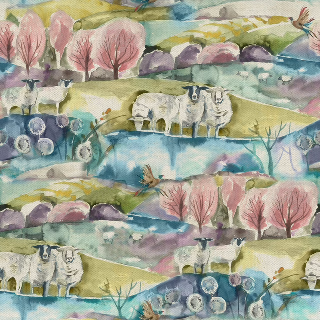 Pastel country scene fabric with sheep, pink trees and aqua hills