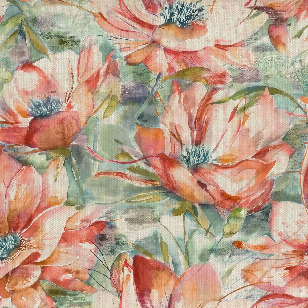 Painterly coral and peach floral fabric with sage green ground