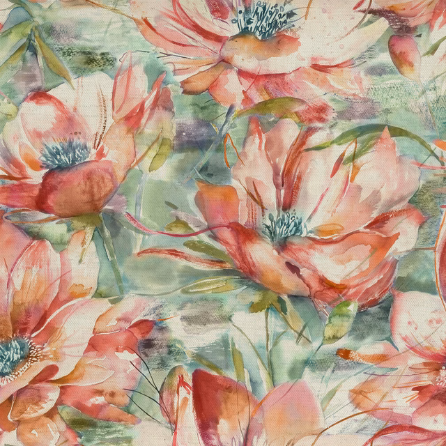 Painterly coral and peach floral fabric with sage green ground
