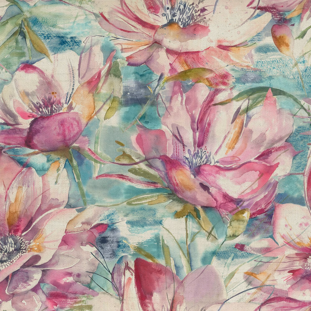 Painterly pink and mauve floral fabric with aqua ground and soft linen texture