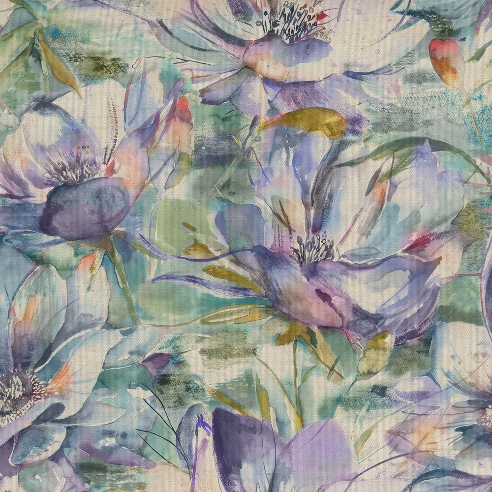 Watercolour purple and lilac floral fabric with soft green foliage