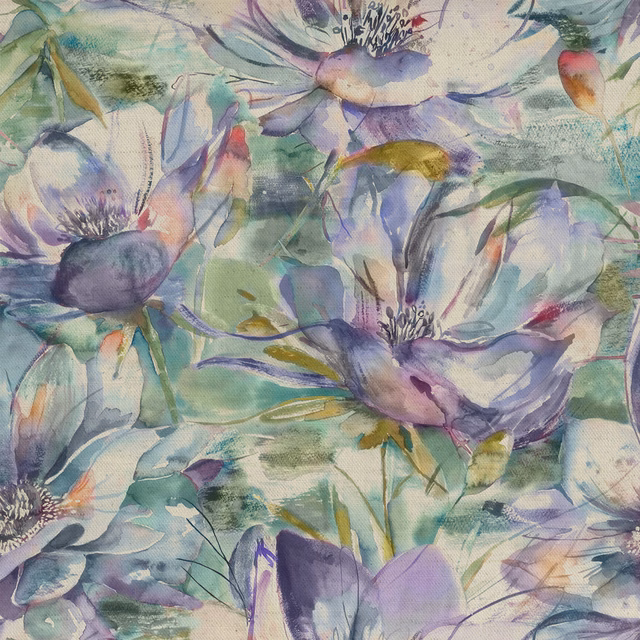 Watercolour purple and lilac floral fabric with soft green foliage