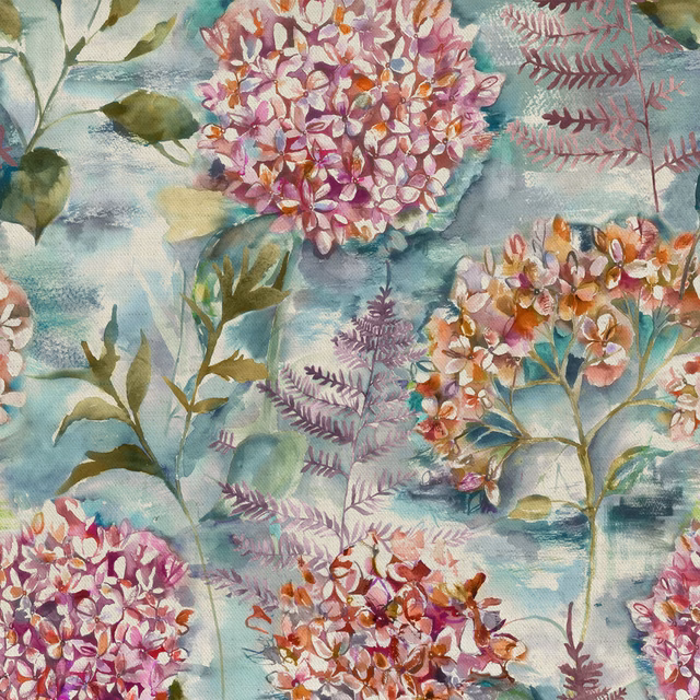 Painterly floral fabric swatch with aqua ground, pink blooms and leafy sprays