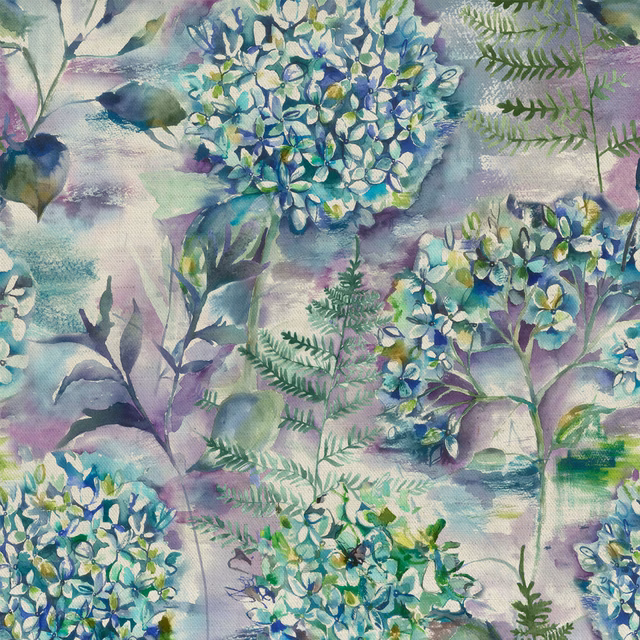 Painterly floral fabric with lilac, mint, blue and green hydrangea-style blooms