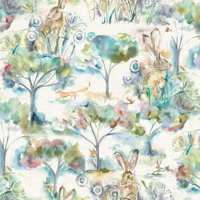 Painterly woodland print with rabbits and trees in soft grassy green tones