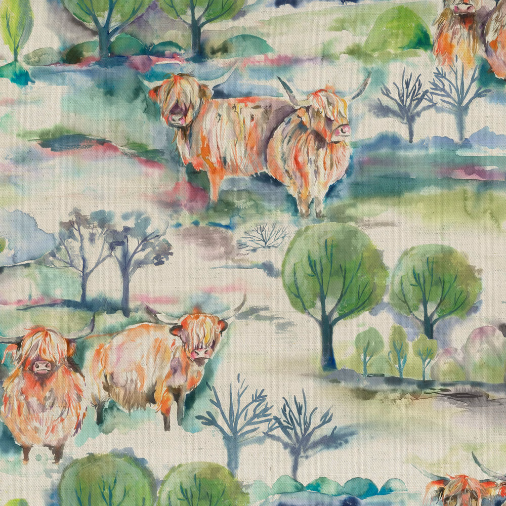 Watercolour country scene with green trees, cattle and soft pastel landscape