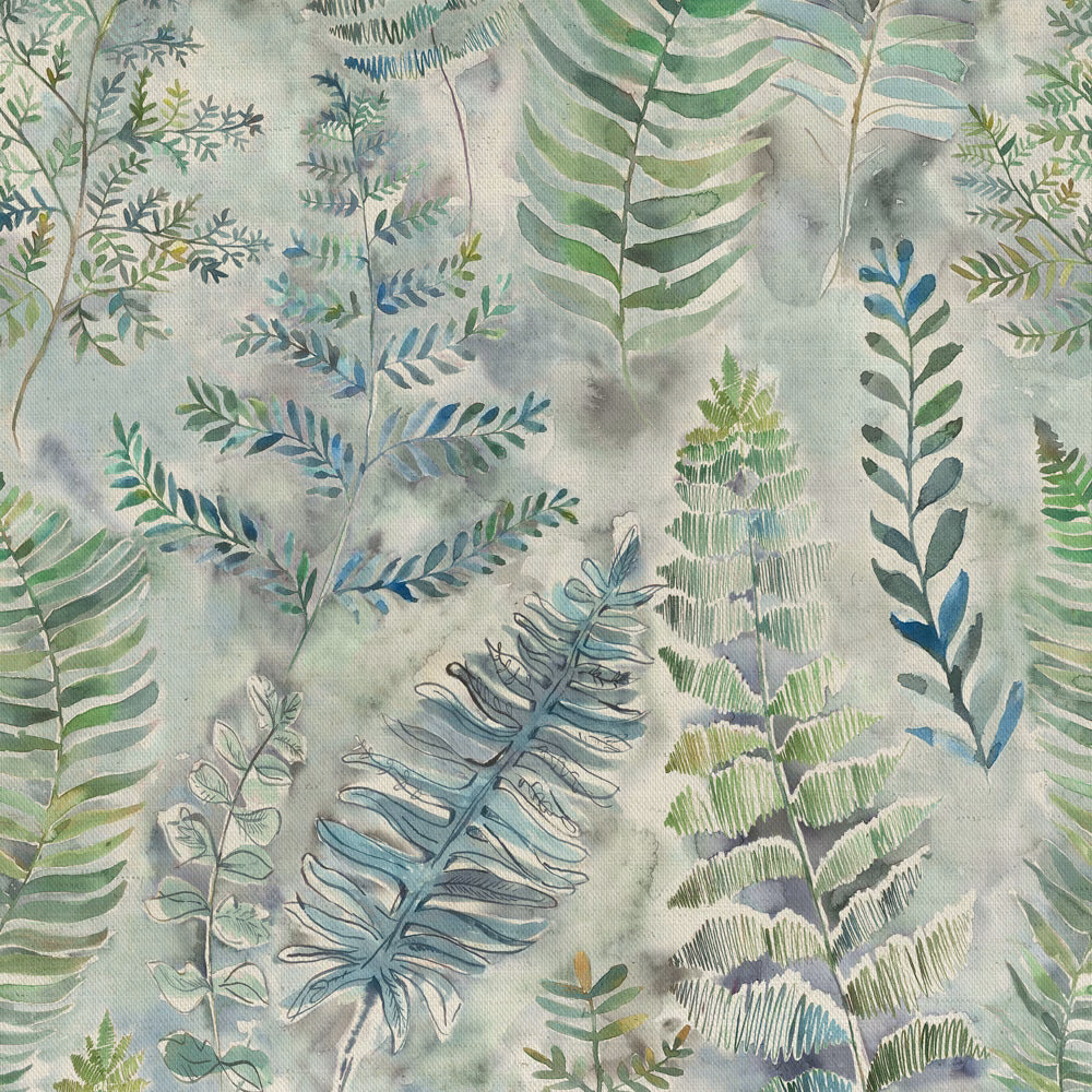 Pale blue-green botanical fabric with layered fern leaves and leafy stems