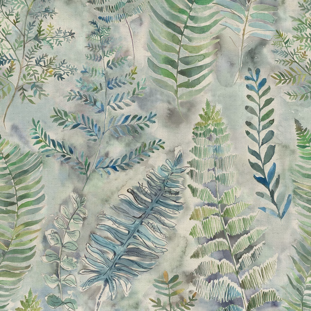 Pale blue-green botanical fabric with layered fern leaves and leafy stems