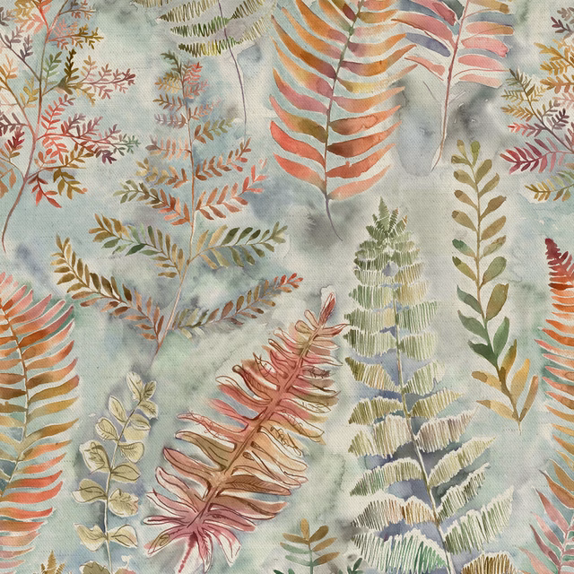 Painterly botanical fabric with coral orange leaves on a pale mottled ground