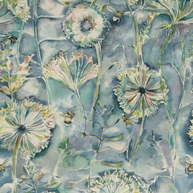 Painterly floral fabric in soft aqua blue with large meadow blooms and stems