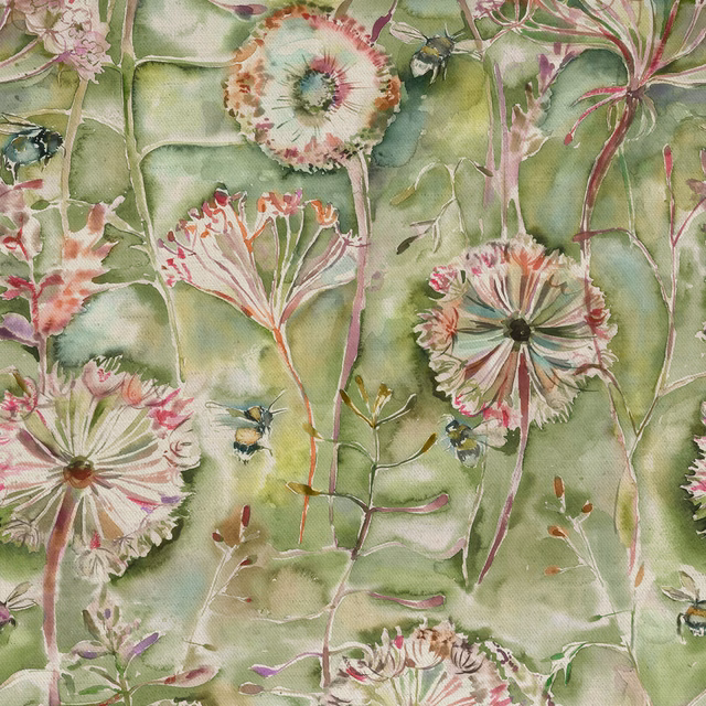 Painterly large floral fabric in soft moss green with pink and cream blooms