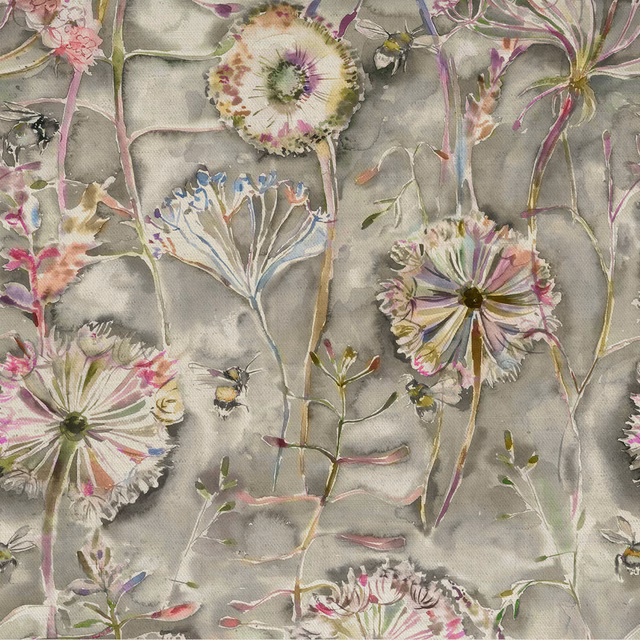 Grey botanical fabric swatch with painterly flowers and soft textured ground