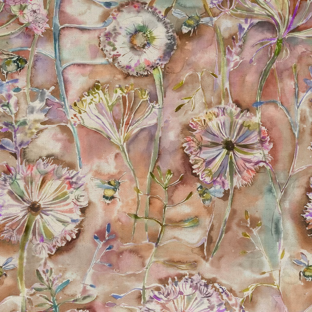 Painterly floral fabric in muted apricot with lilac and sage blooms