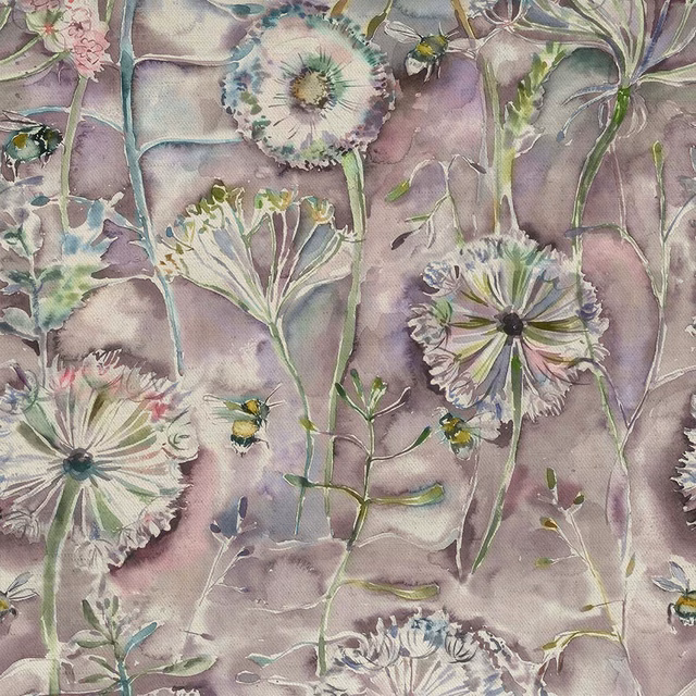 Painterly meadow floral fabric on a dusty lilac ground with green stems