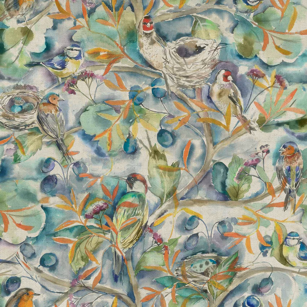 Painterly bird-and-branch fabric in aqua, teal, gold and coral tones