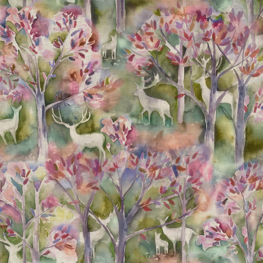 Painterly woodland fabric in blush pink, green and lilac with deer and trees