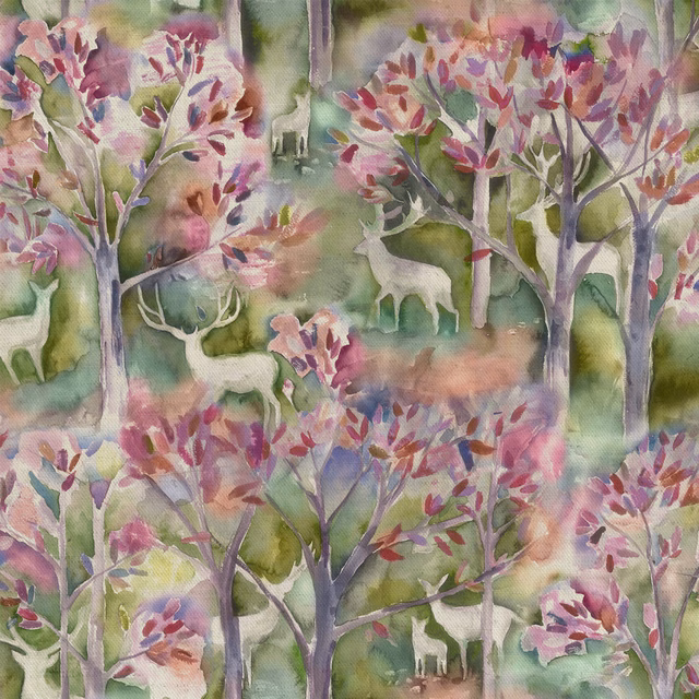 Painterly woodland fabric in blush pink, green and lilac with deer and trees