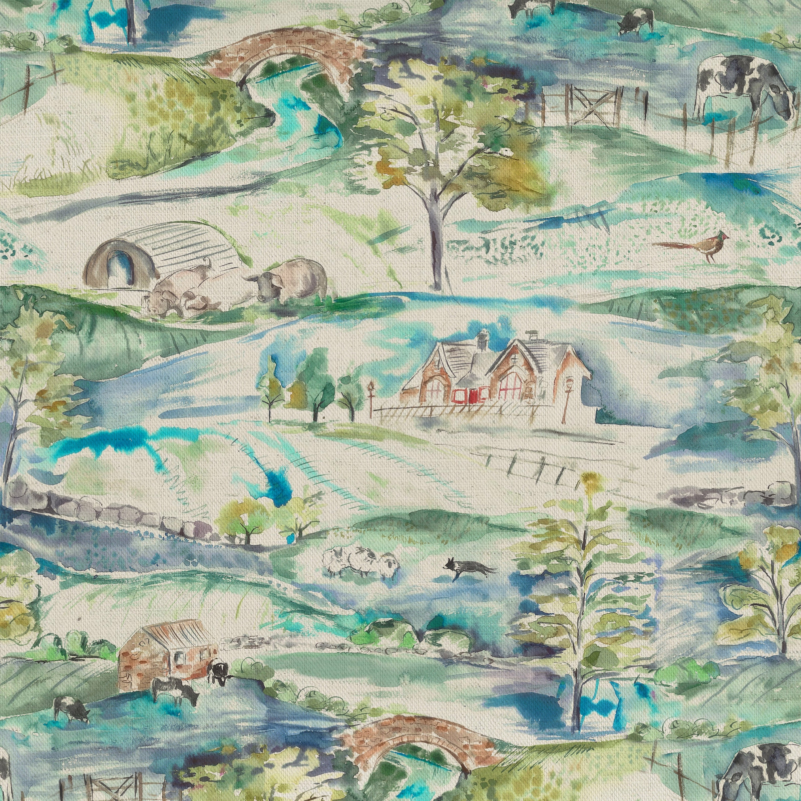 Painterly green and aqua country landscape fabric with cottages, trees and fields