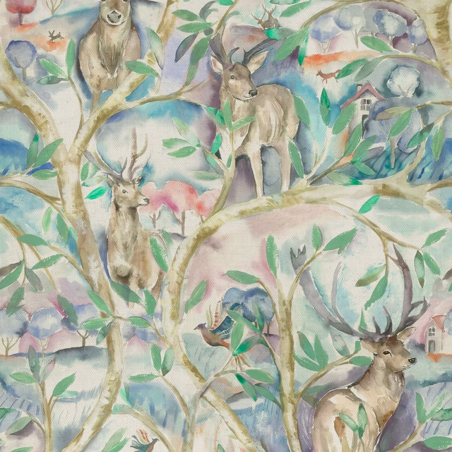 Painterly woodland fabric with deer, leaves and pastel sky-blue and blush tones