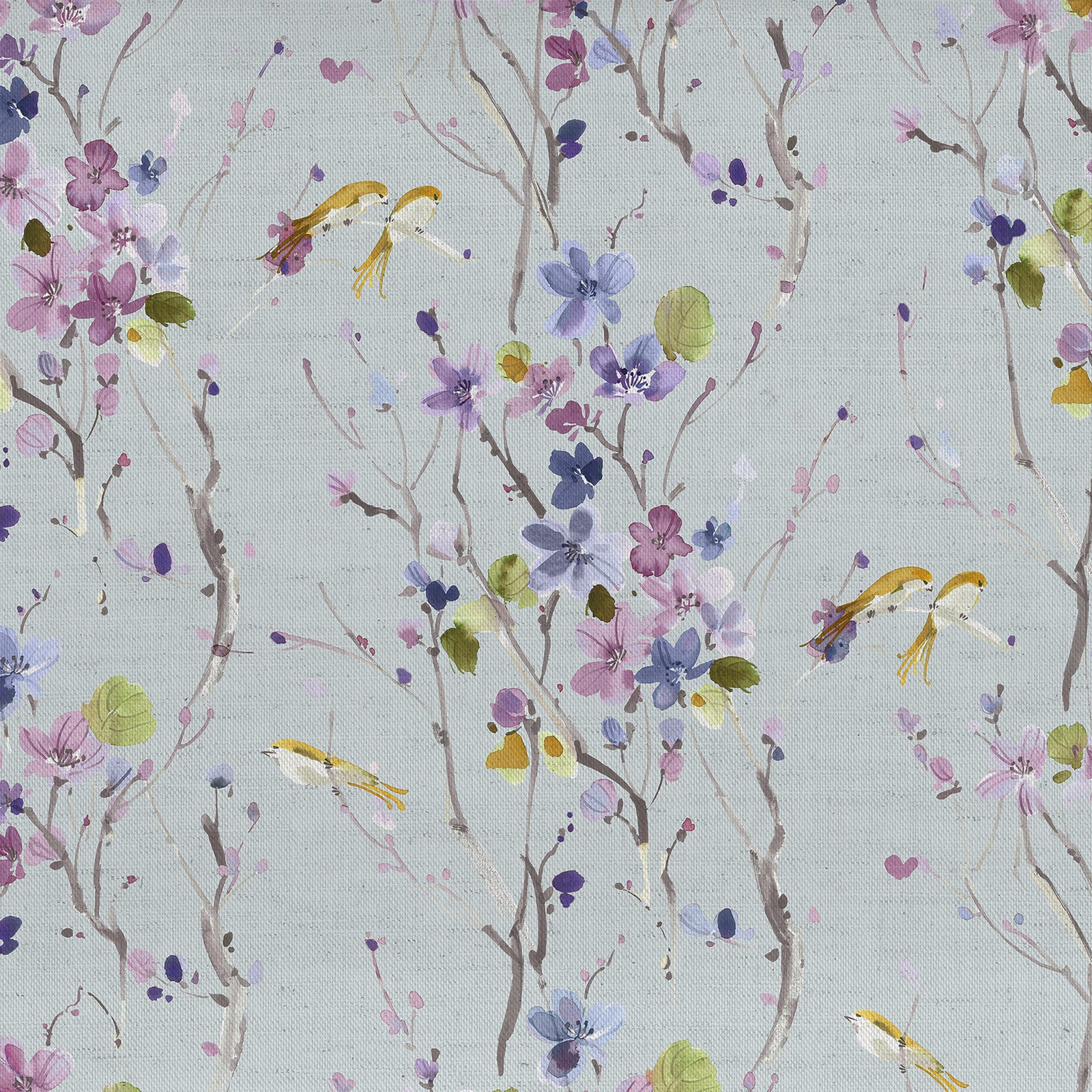 Pale blue floral fabric with lilac blossoms, olive leaves and small bird motifs