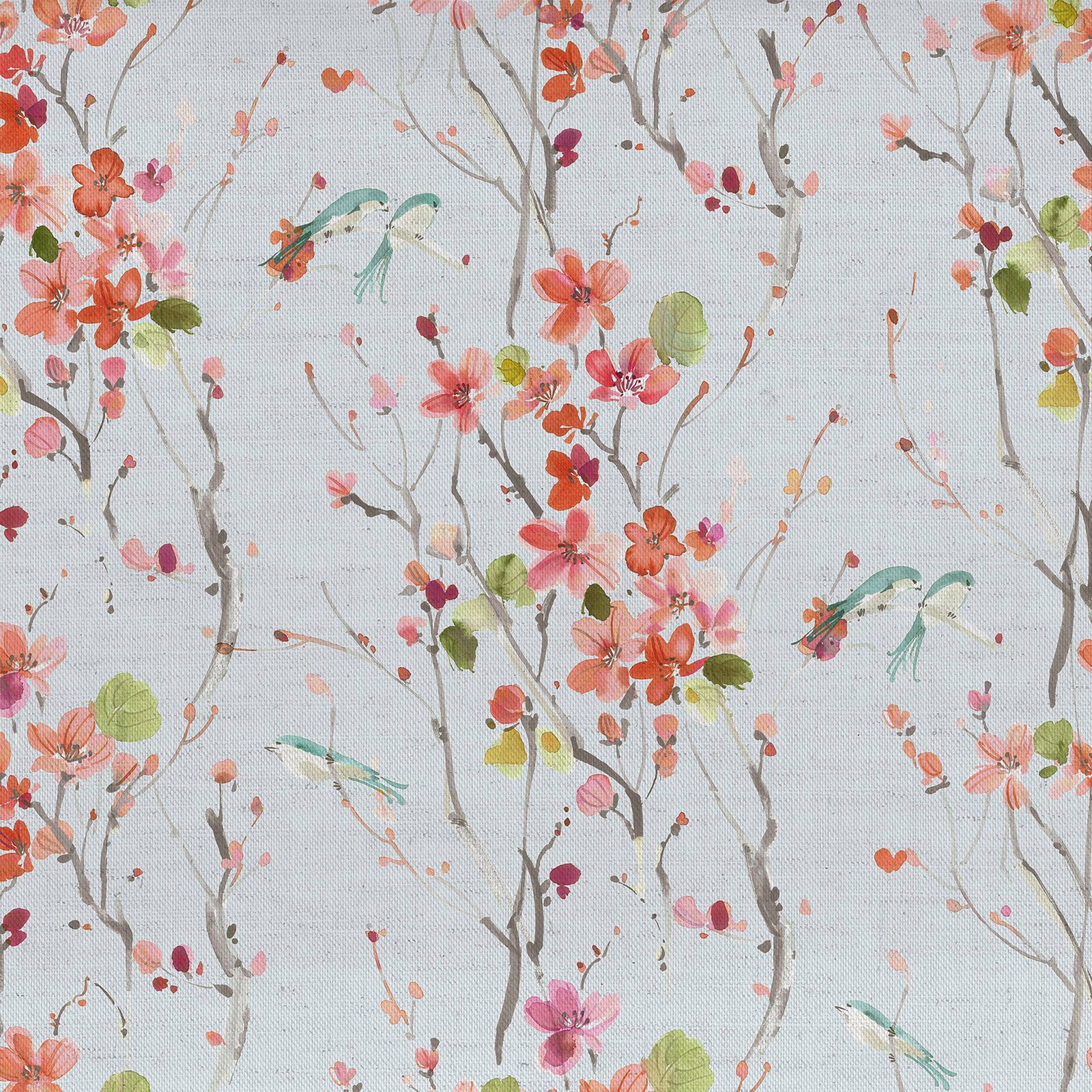 Pale floral fabric with coral blossoms, green leaves and fine grey branches