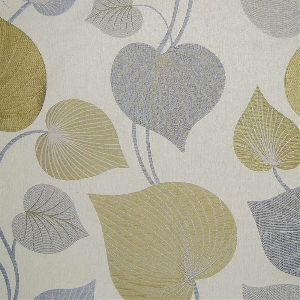 Large botanical leaf motifs in soft yellow and pale grey on ivory textured fabric