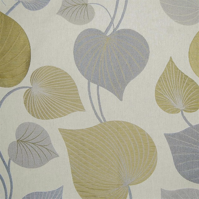 Large botanical leaf motifs in soft yellow and pale grey on ivory textured fabric