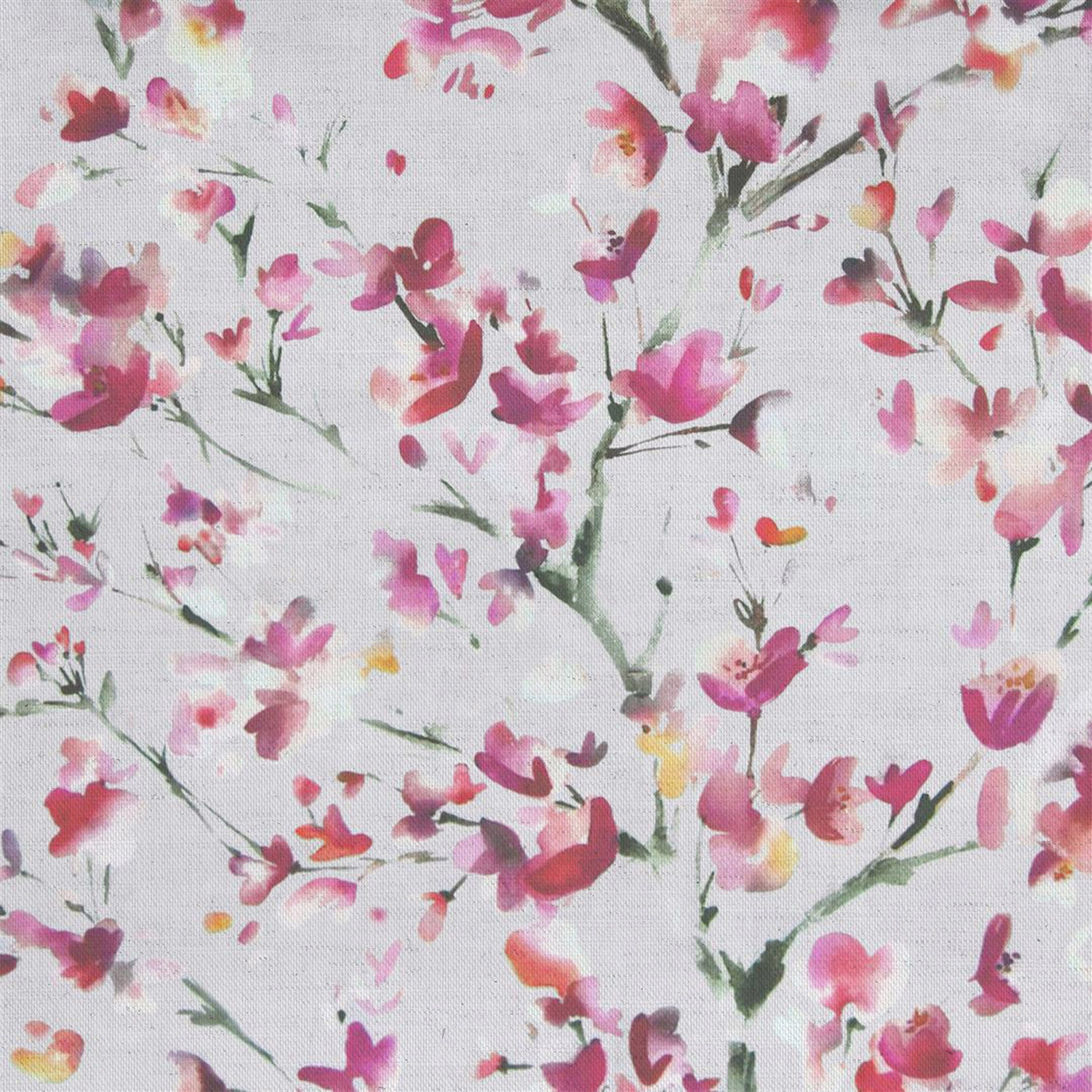 Painterly pink floral fabric on an ivory ground with soft green stems