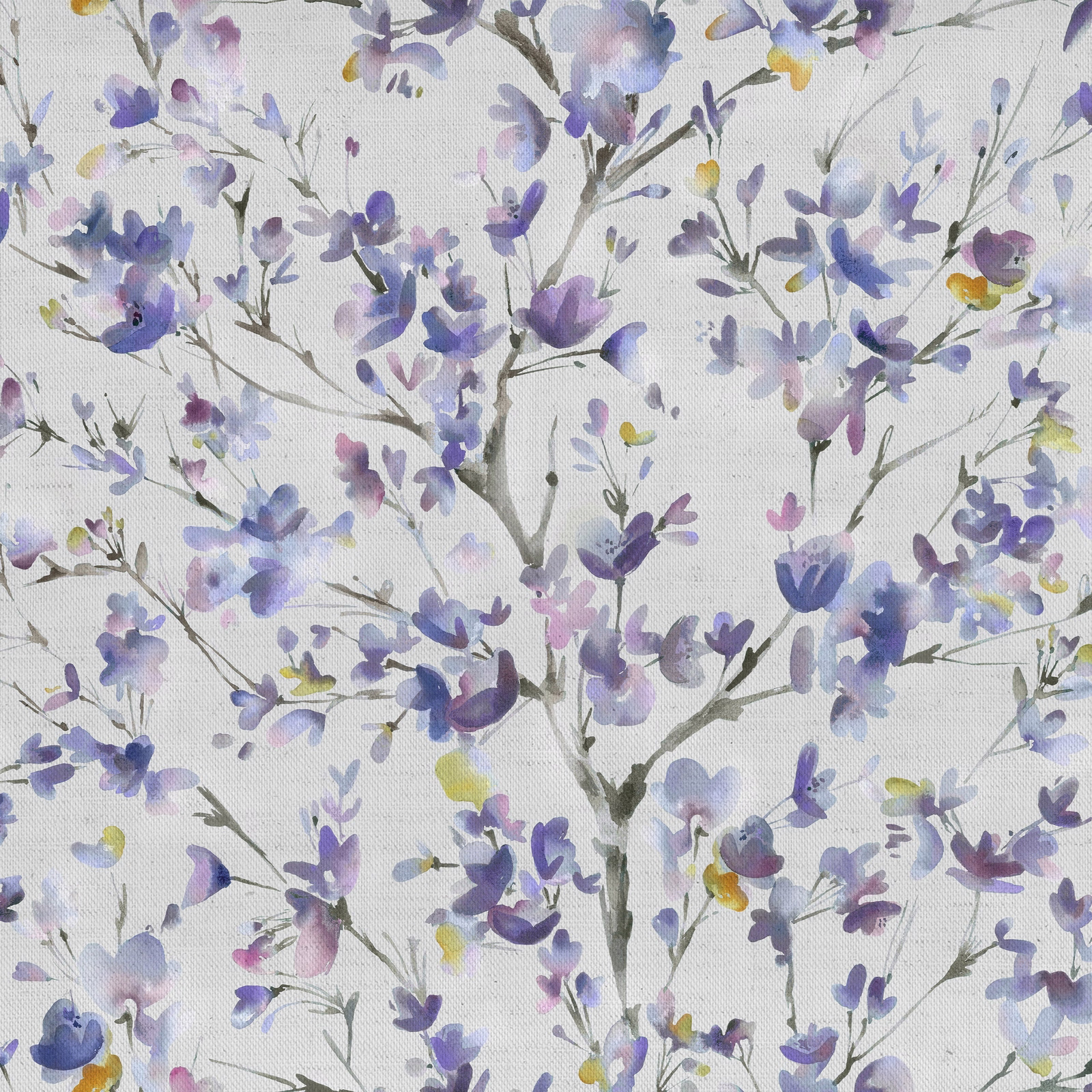 Purple and lilac botanical fabric swatch with airy blossom stems on an off-white ground