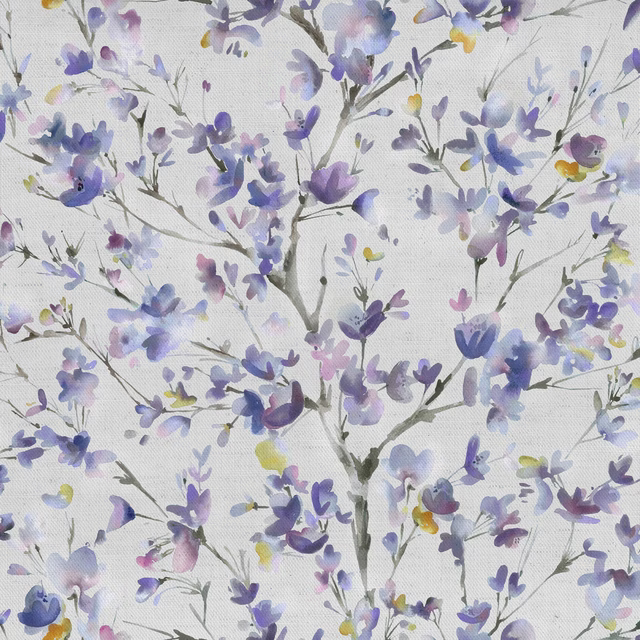 Purple and lilac botanical fabric swatch with airy blossom stems on an off-white ground