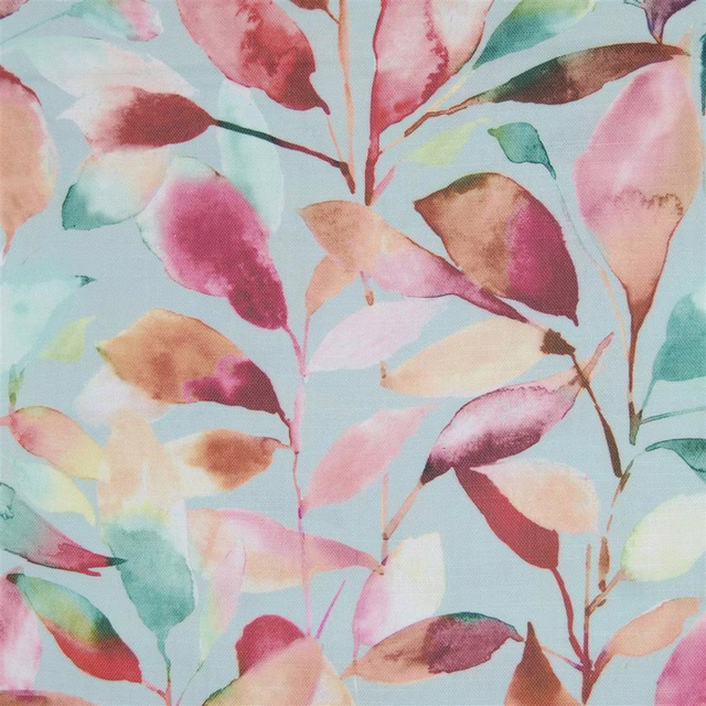 Watercolour botanical fabric with coral, blush and peach leaves on a pale blue ground