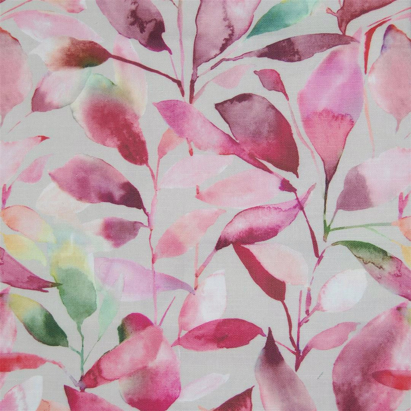 Painterly pink and green botanical fabric swatch on a pale ground