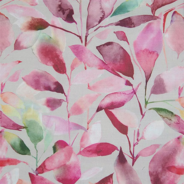 Painterly pink and green botanical fabric swatch on a pale ground