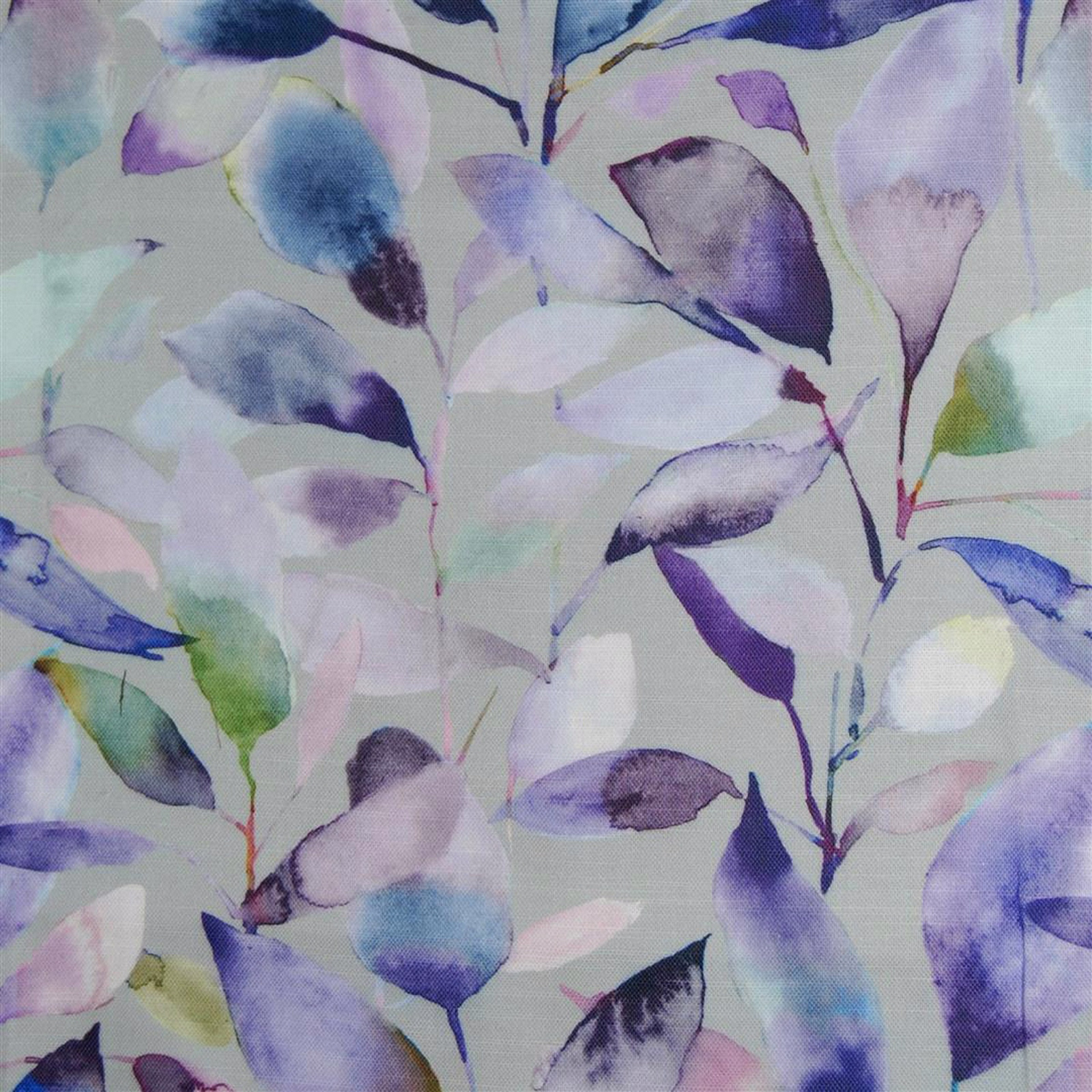 Painterly lilac and violet leaf print on a pale ground, soft woven texture