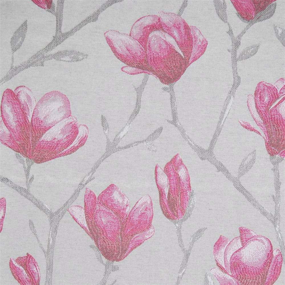 Large pink magnolia-style flowers on a pale ground with soft grey stems