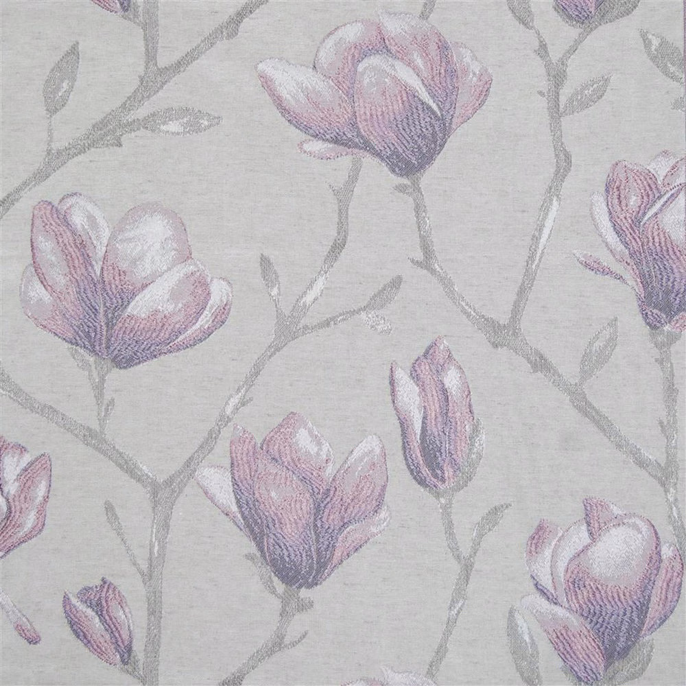Lilac and mauve floral fabric with pale grey stems on a soft ivory ground