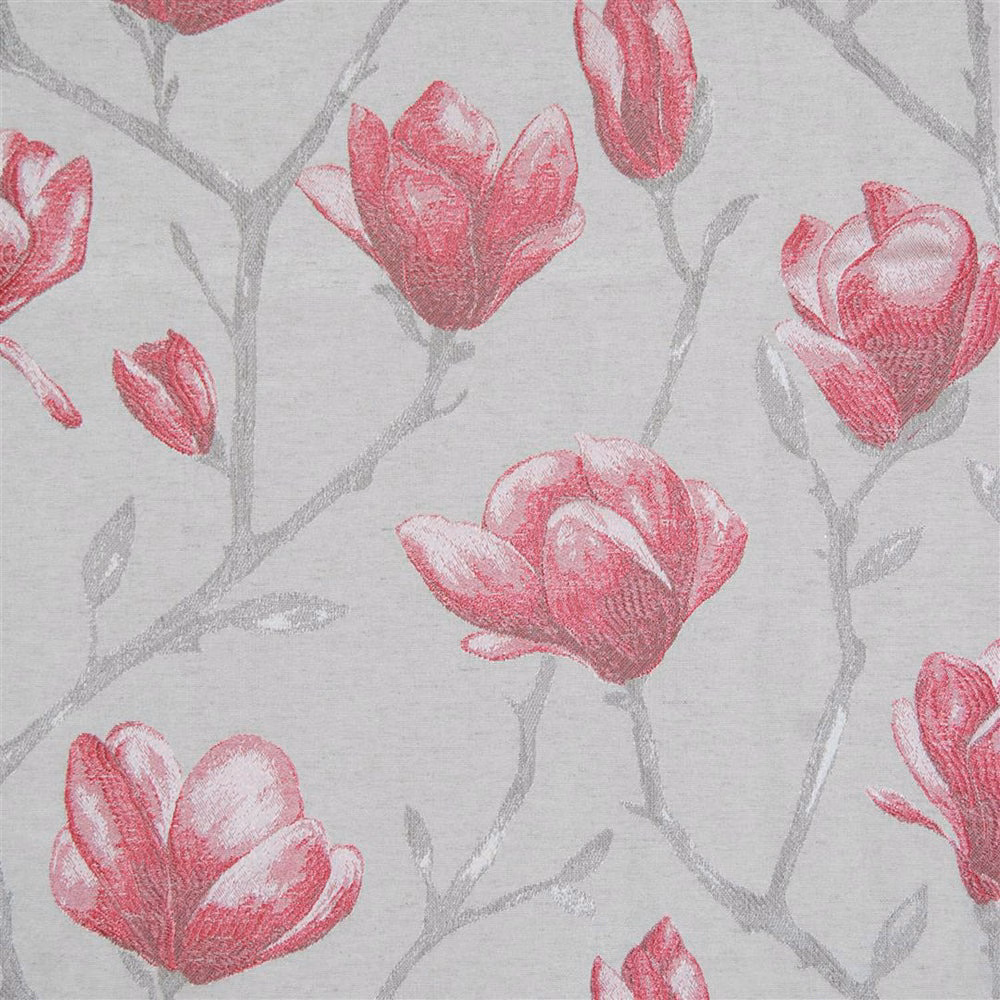 Large rose-red floral blooms with pale grey stems on an ivory woven ground