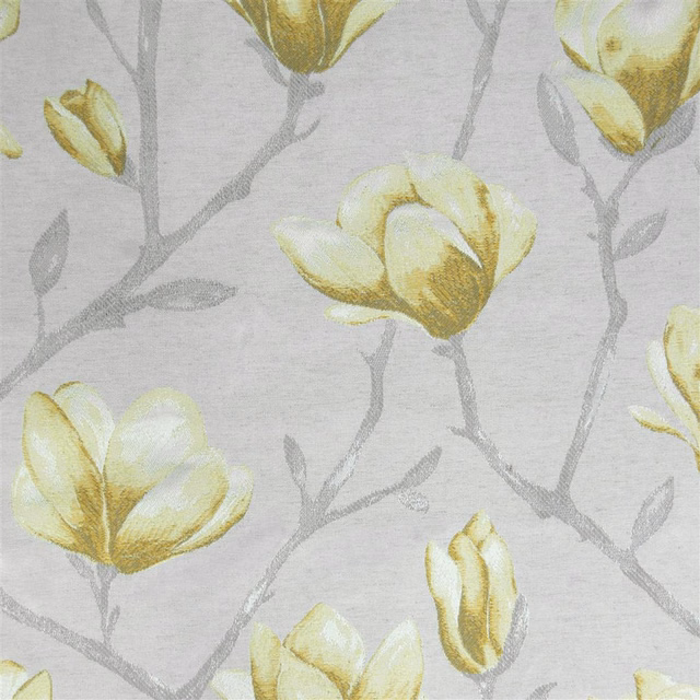 Pale yellow floral fabric with grey stems on a light ground