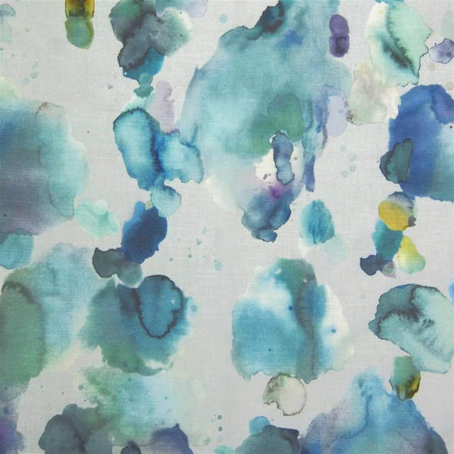Abstract watercolour fabric with aqua, teal, blue and violet blotches on a pale ground