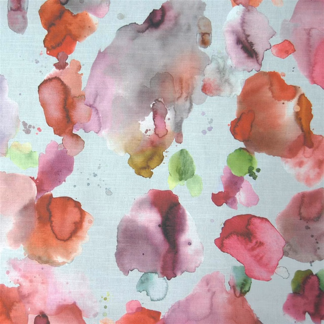 Painterly coral and pink abstract floral fabric on a pale blue-white ground