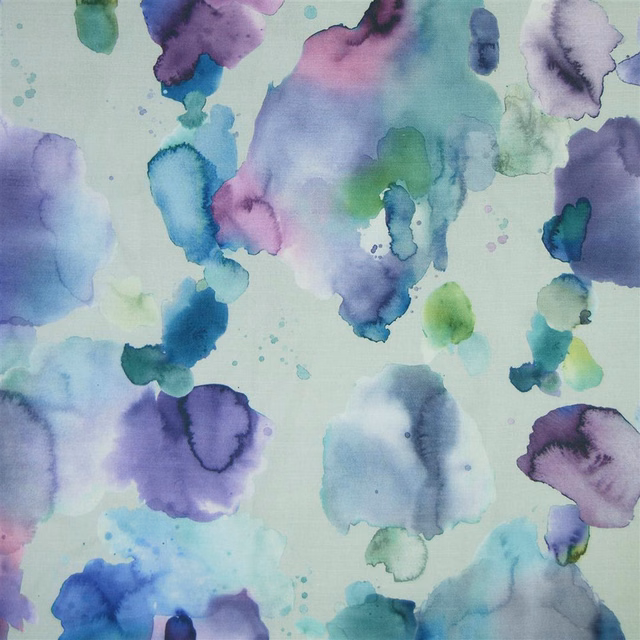 Abstract lilac, aqua and blue watercolour-style fabric on a pale ground
